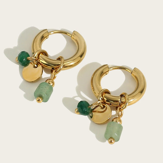 18k Gold Plated, Green Charm Hoop Earrings