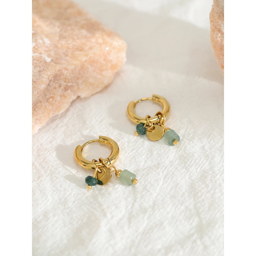 18k Gold Plated, Green Charm Hoop Earrings