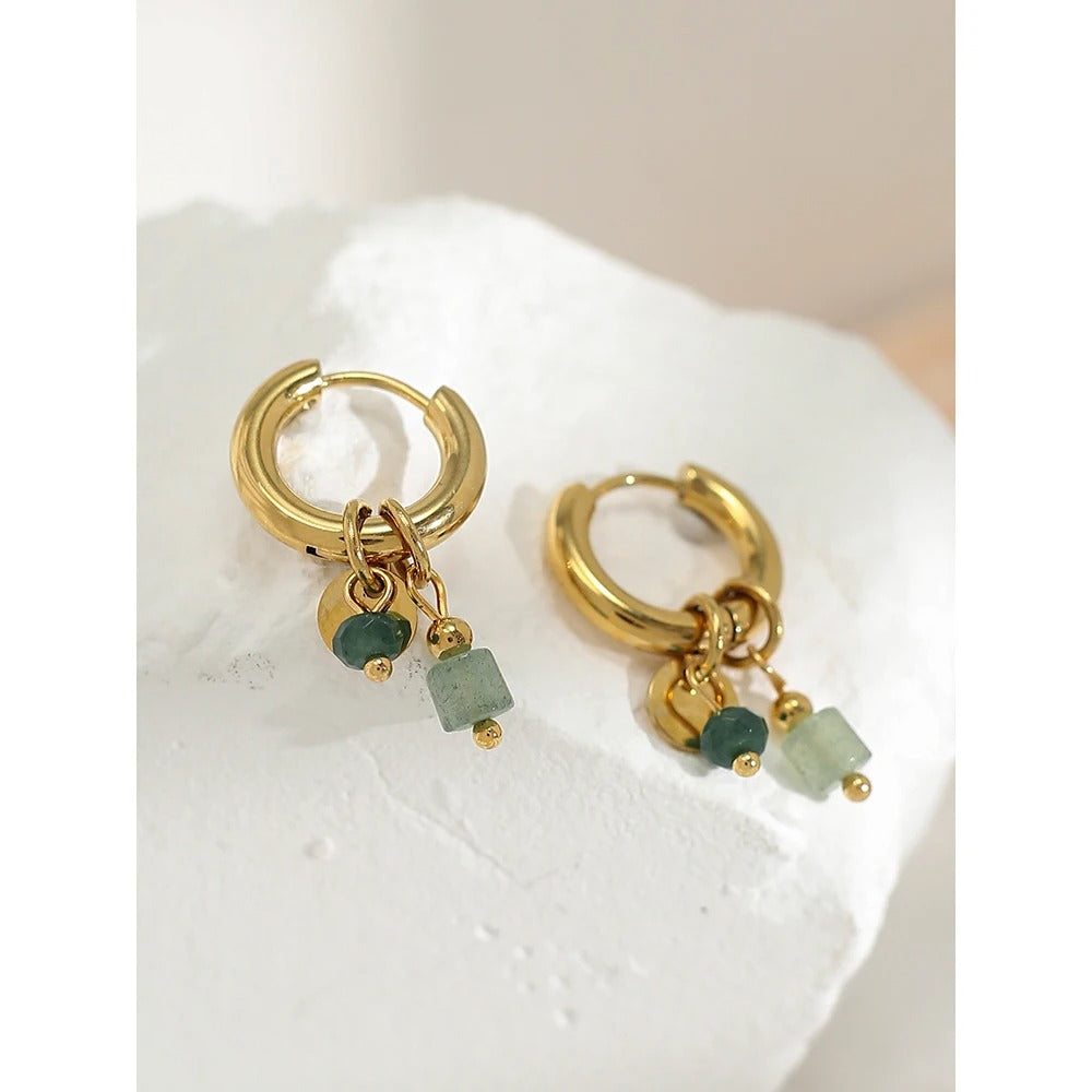 18k Gold Plated, Green Charm Hoop Earrings