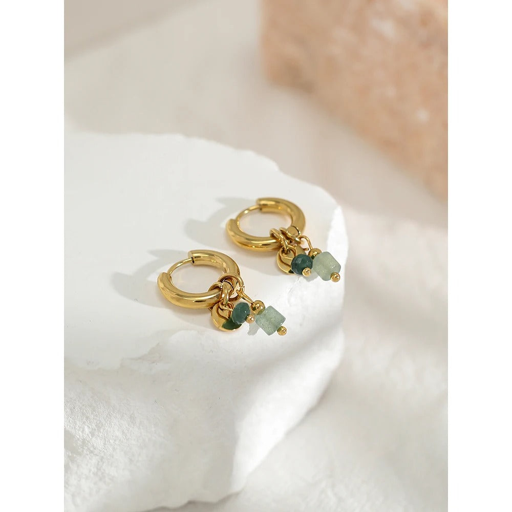 18k Gold Plated, Green Charm Hoop Earrings