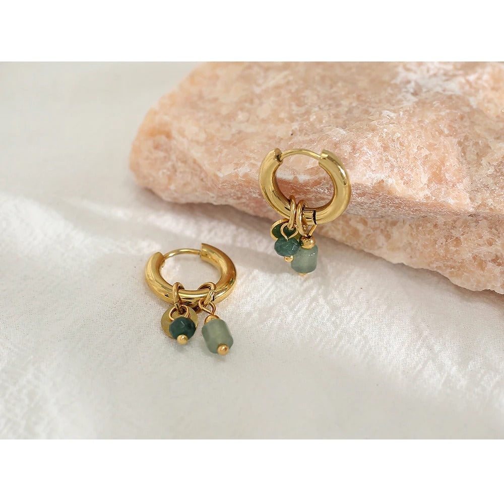 18k Gold Plated, Green Charm Hoop Earrings